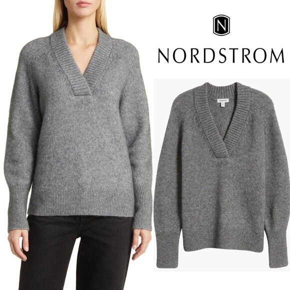 Nordstrom Women's L Balloon Sleeve Sweater Baby Alpaca Wool Blend Gray Soft $129 - Picture 1 of 16